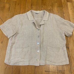 Olive clothing - Linen cropped button up short sleeve shirt in beige